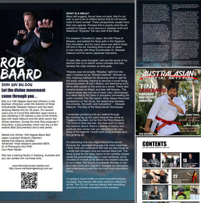 Magazine spread featuring martial artists Rob Baard and Tino Ceberano; content navigation visible.