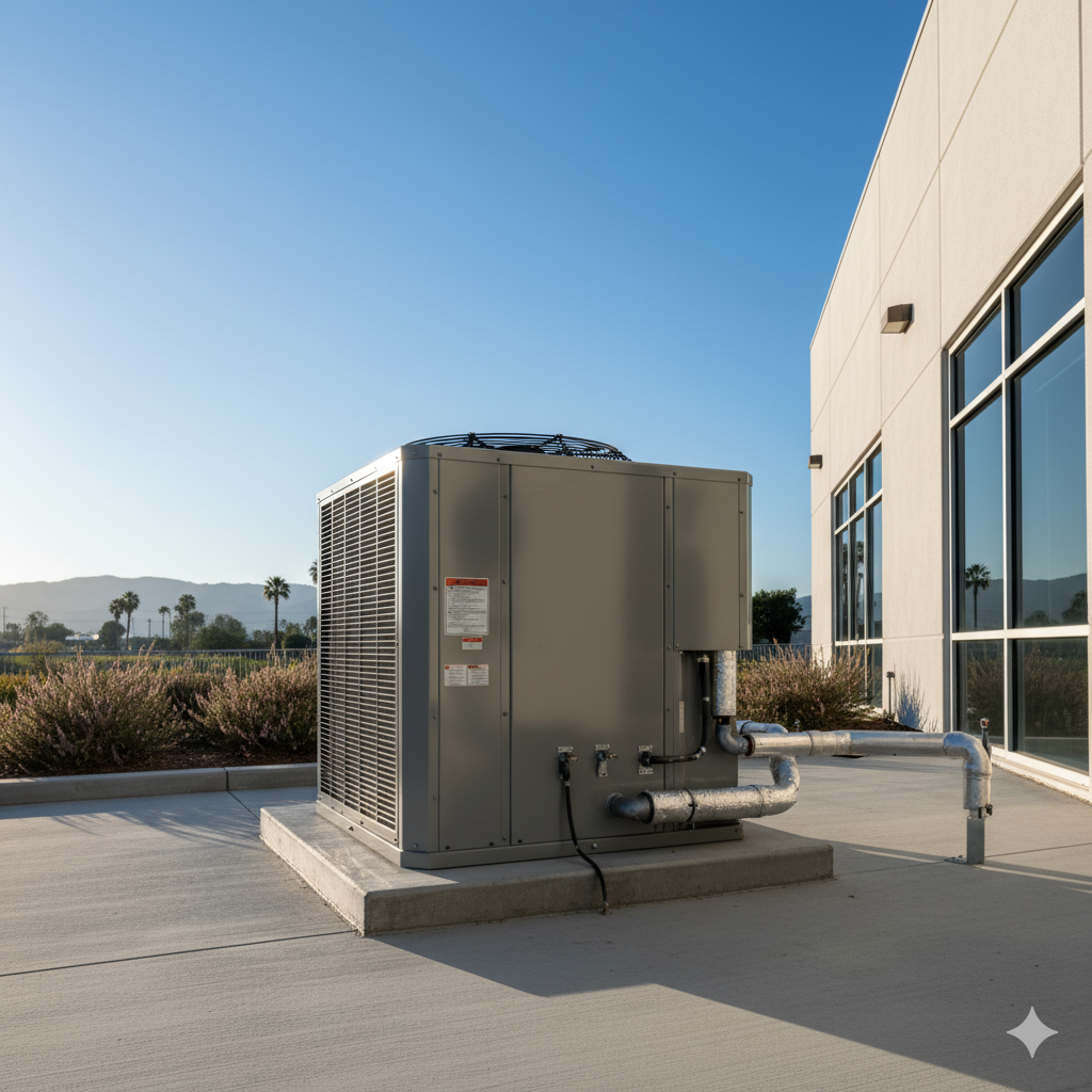 HVAC unit on a concrete pad next to a building. Clear blue sky in background.