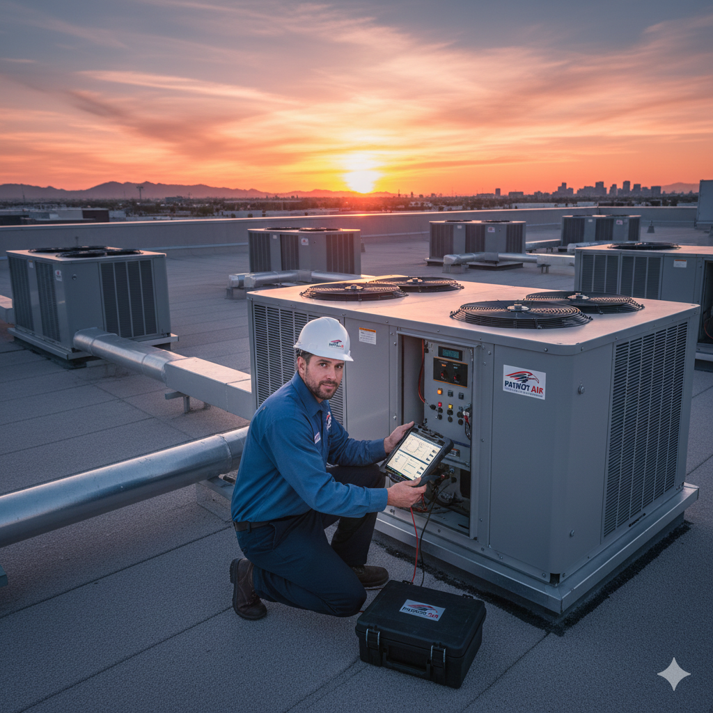 HVAC technician on a rooftop, working on machinery, sunset in the background.