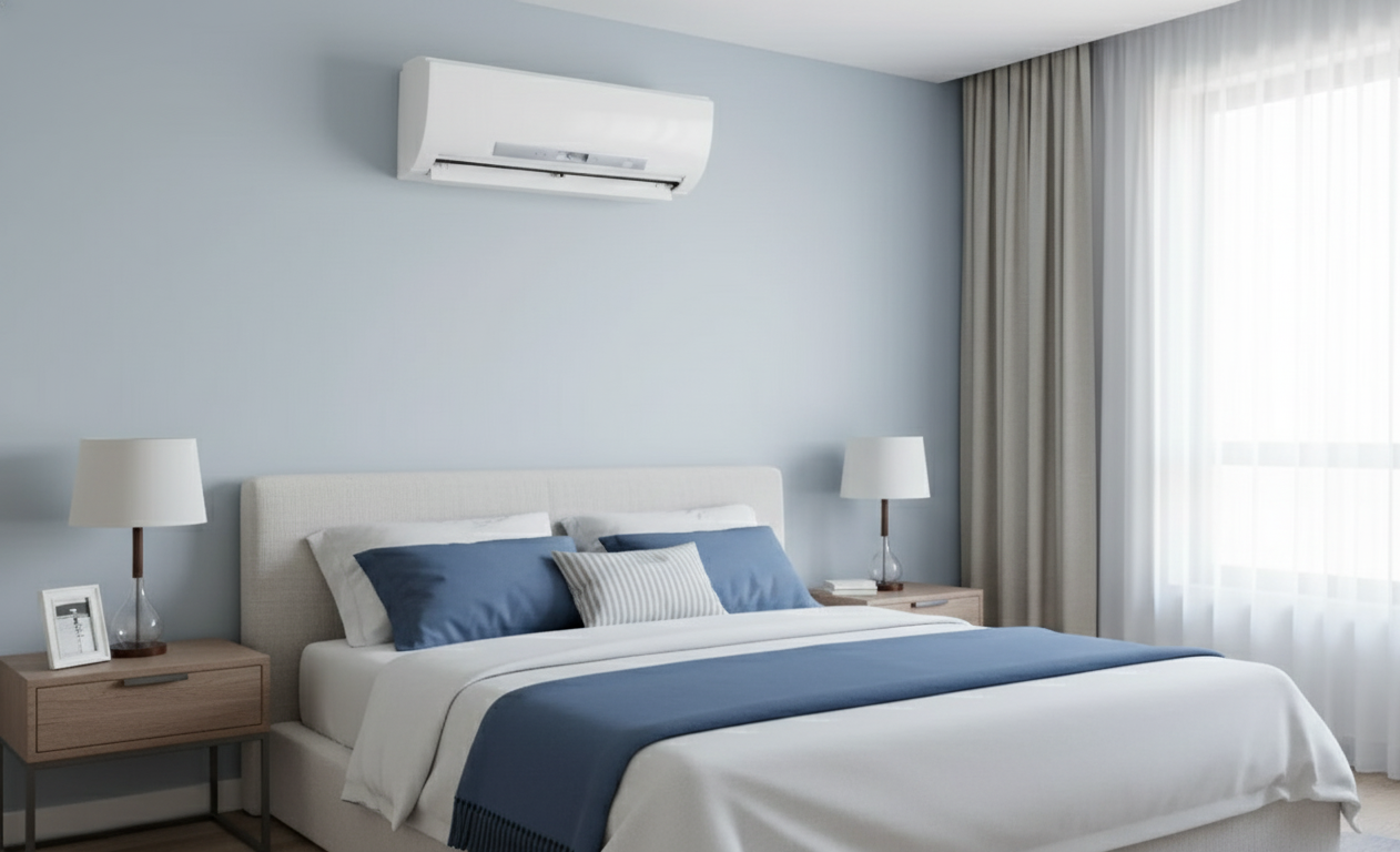 Bedroom with a bed, nightstands, and air conditioning unit on a light blue wall.