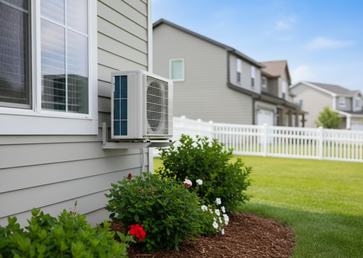AC unit on house exterior with landscaping and neighborhood in background.