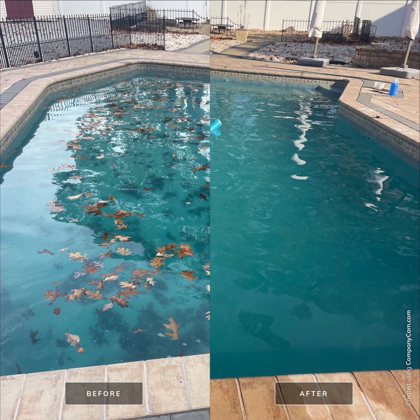 A before and after photo of a swimming pool.