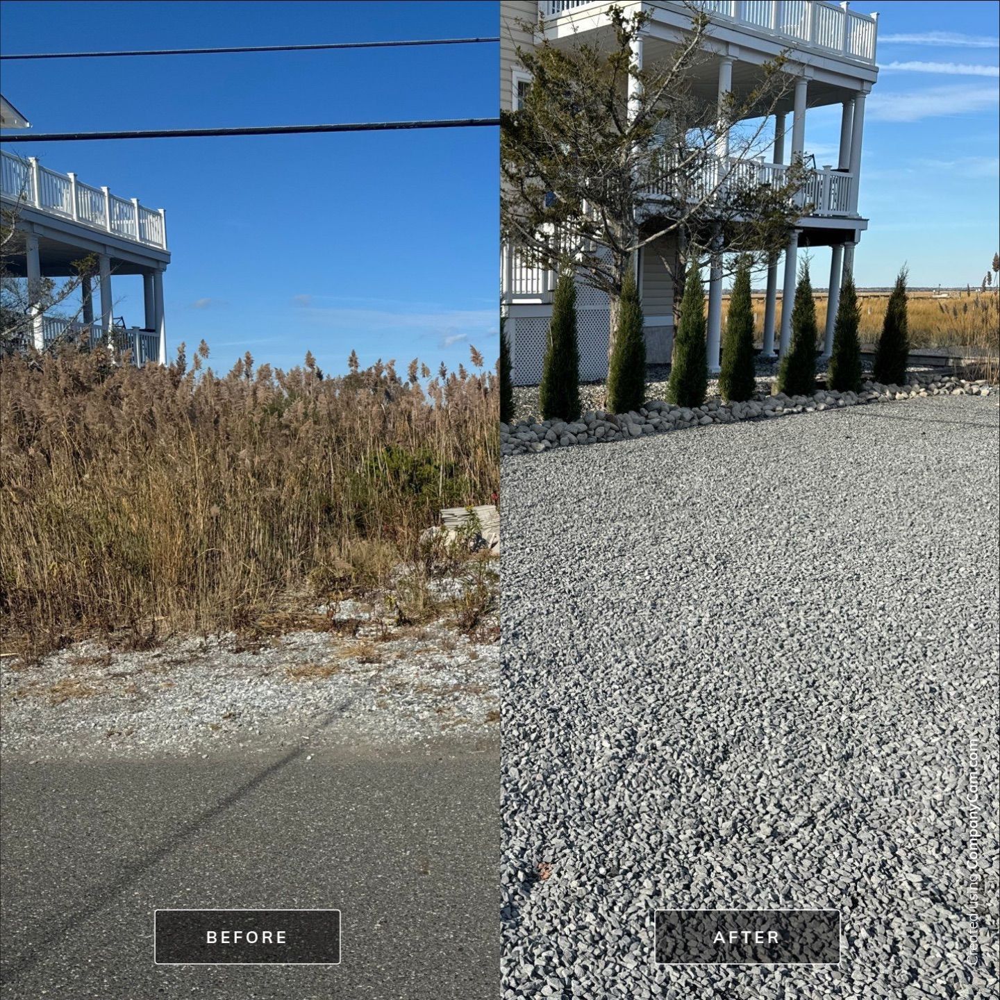 A before and after photo of a gravel driveway
