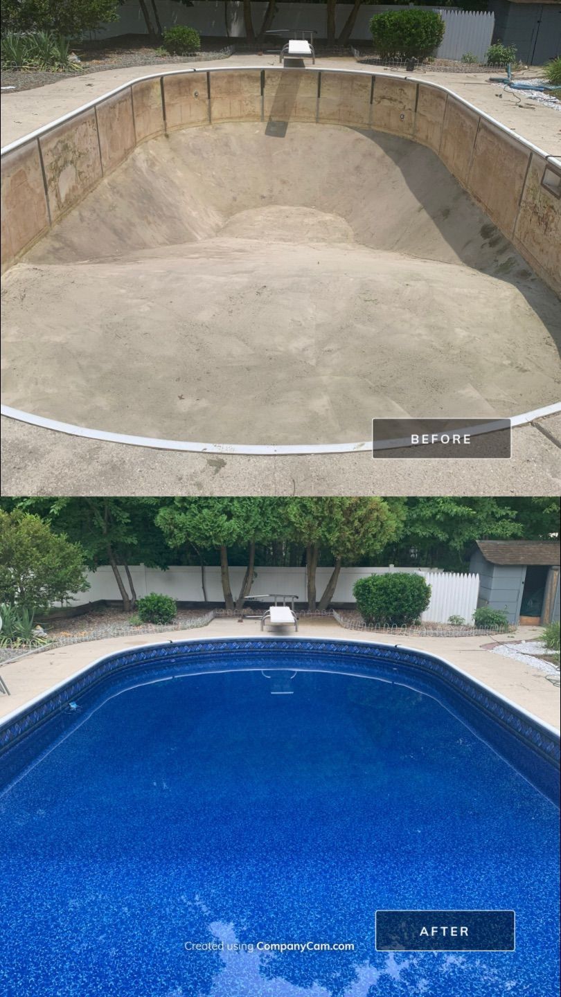 A before and after picture of a swimming pool being remodeled.
