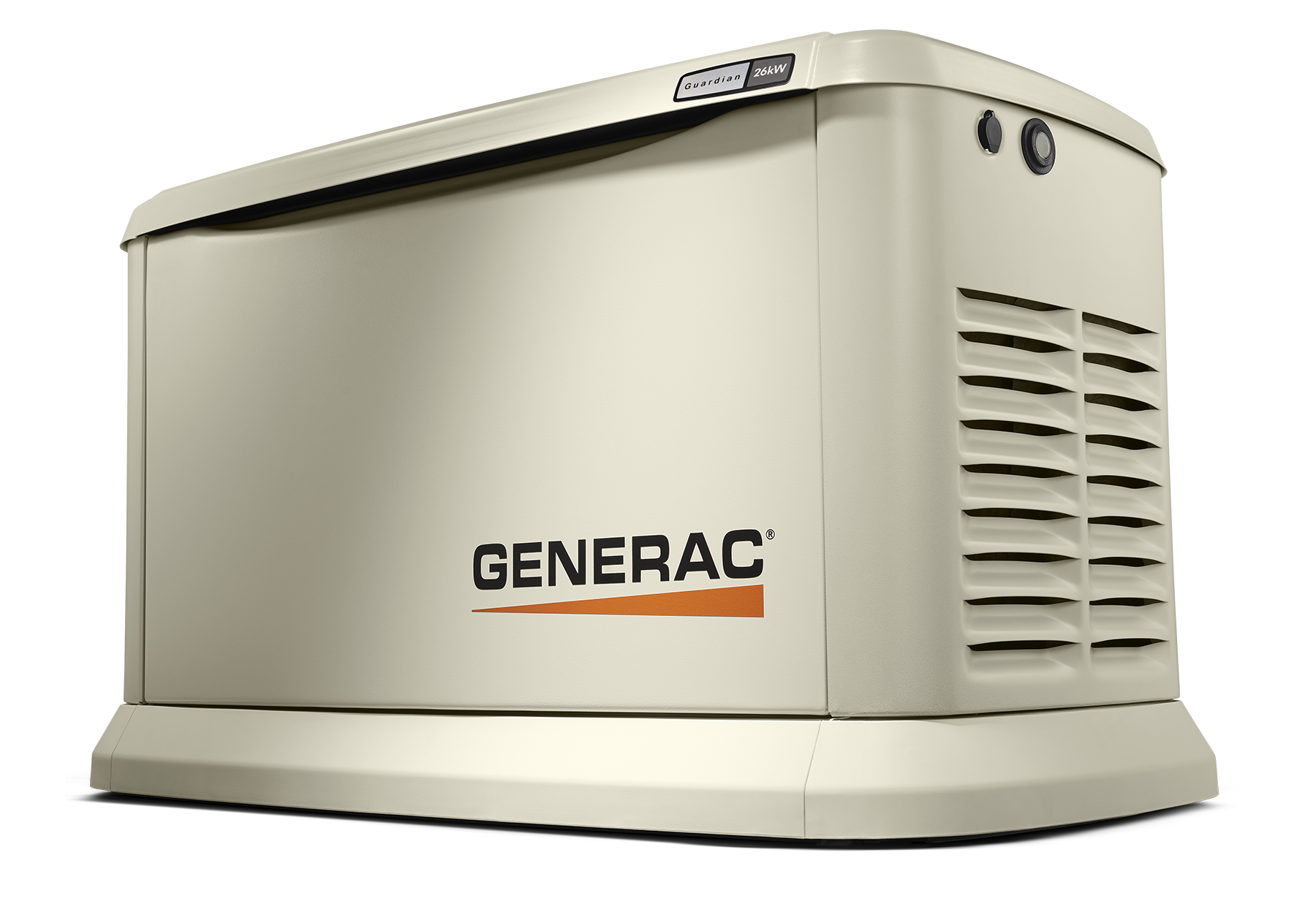A Generac home standby generator, beige, with the company logo on the front panel.