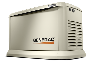 Beige Generac home backup generator with orange logo, outdoors.