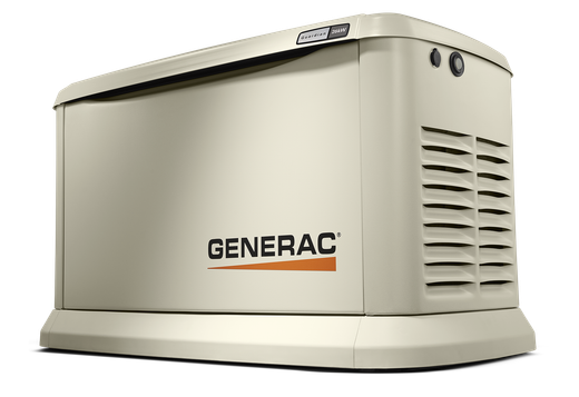 A Generac home generator in a beige casing, with the Generac logo on the front.