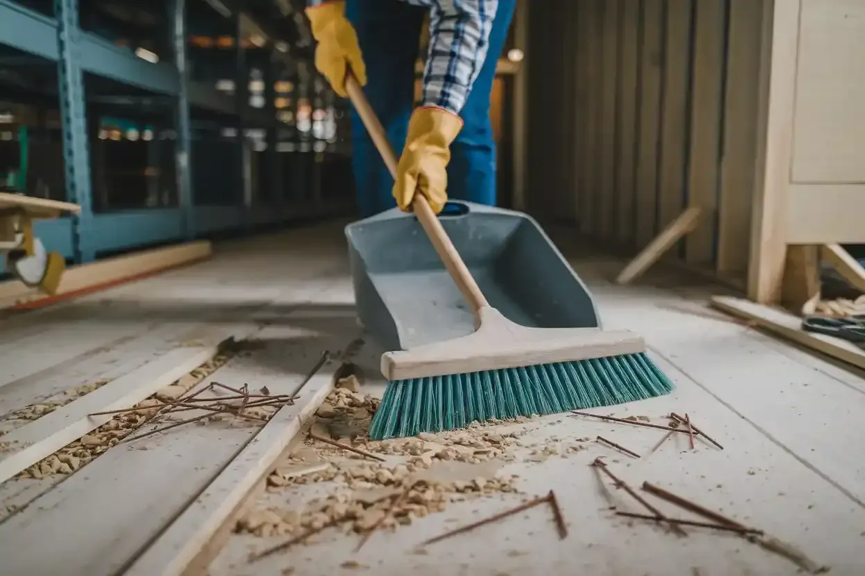 A person is sweeping the floor with a broom and shovel.