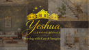 A golden logo for "Yeshua Cleaning Service" with the slogan "Serving with Care & Integrity" over a collage of home interiors.