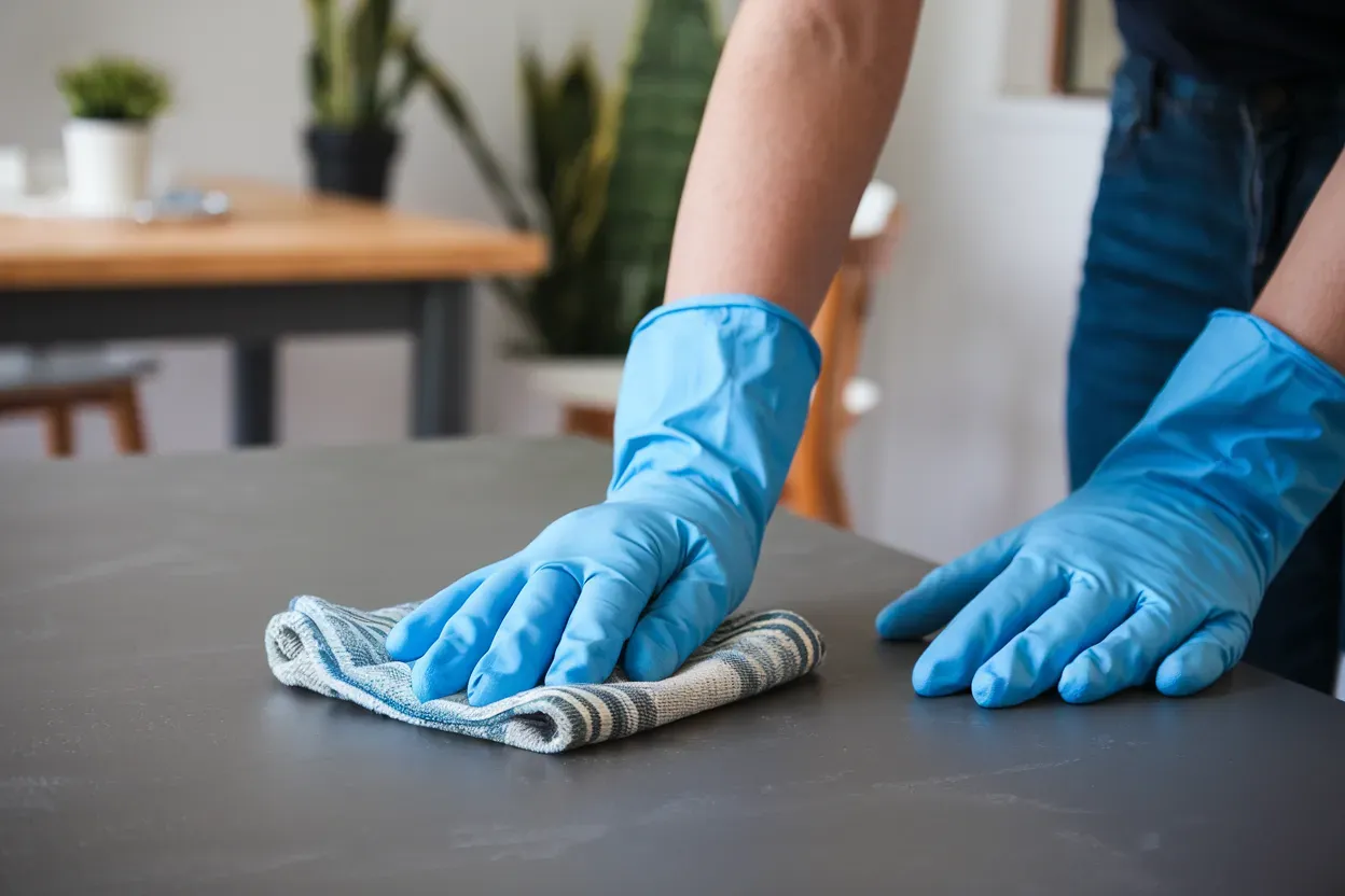Close-up view of a janitorial worker using a mop to clean the restroom floor, with her cleaning trolley positioned nearby.