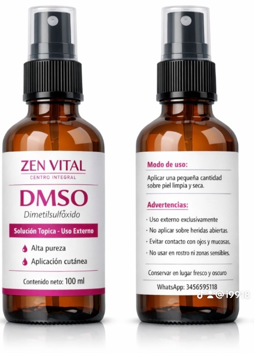 Se muestran dos frascos de la solución tópica Zen Vital DMSO desde el anverso y el reverso