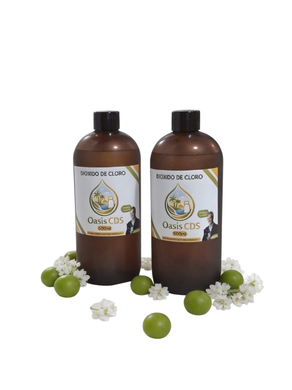 Dos botellas de plástico color ámbar con las etiquetas 