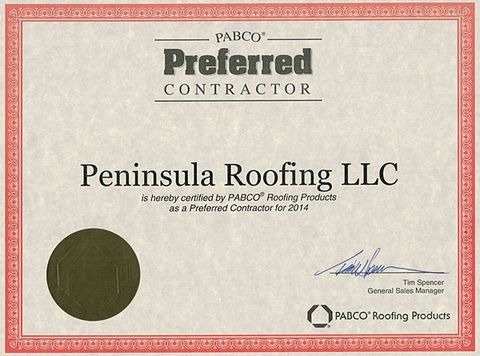 Pabco Certificate — Olalla, WA — Peninsula Roofing LLC