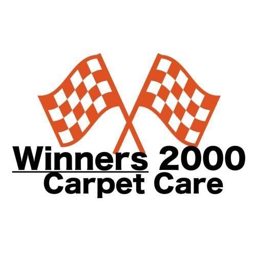 A logo for winners 2000 carpet care with two checkered flags