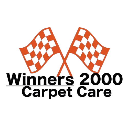 A logo for winners 2000 carpet care with two checkered flags