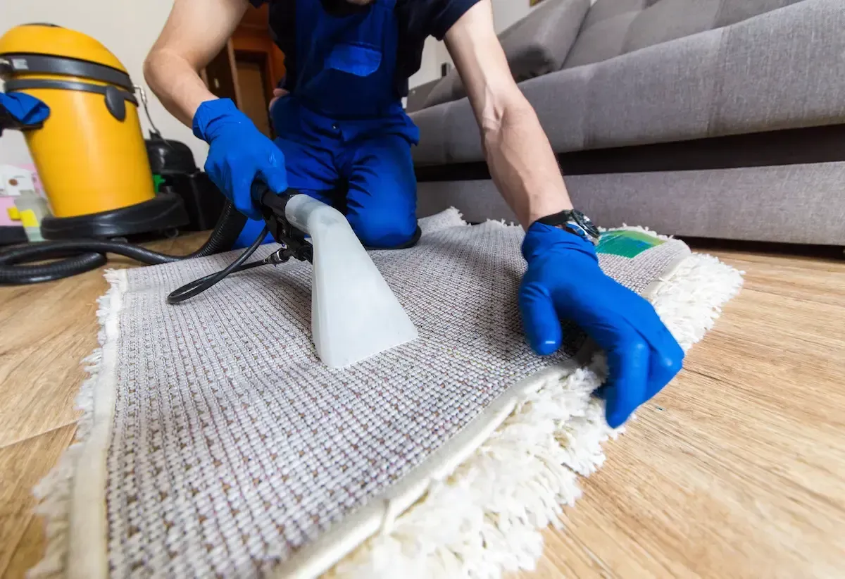 A man is cleaning a carpet with a vacuum cleaner.