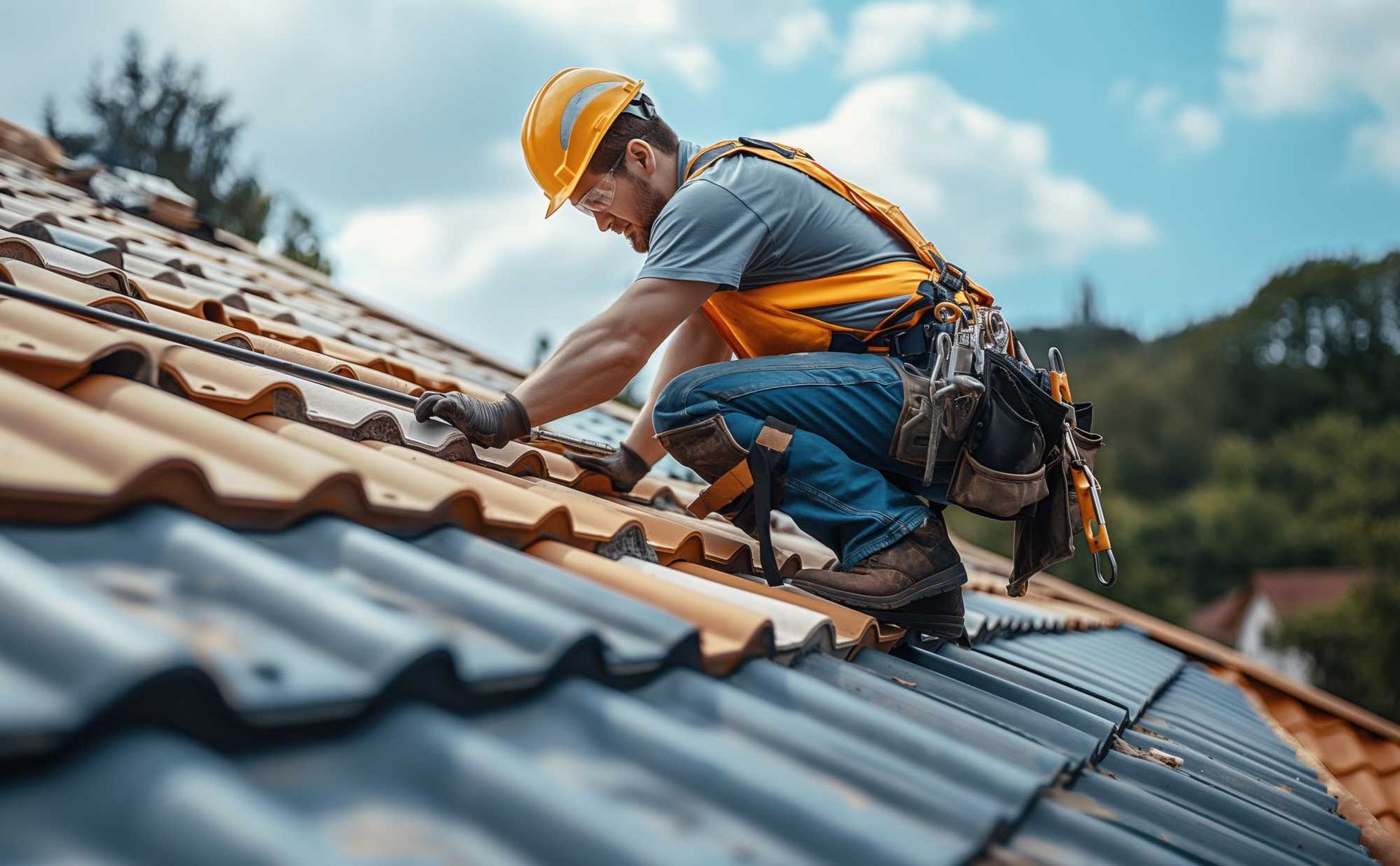 A man climbs a ladder to work on a roof, demonstrating the skills of a roof contractor.