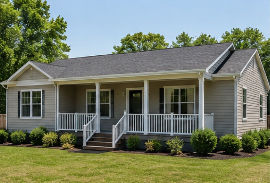 Single-story beige house with white porch railings and a front lawn on a sunny day