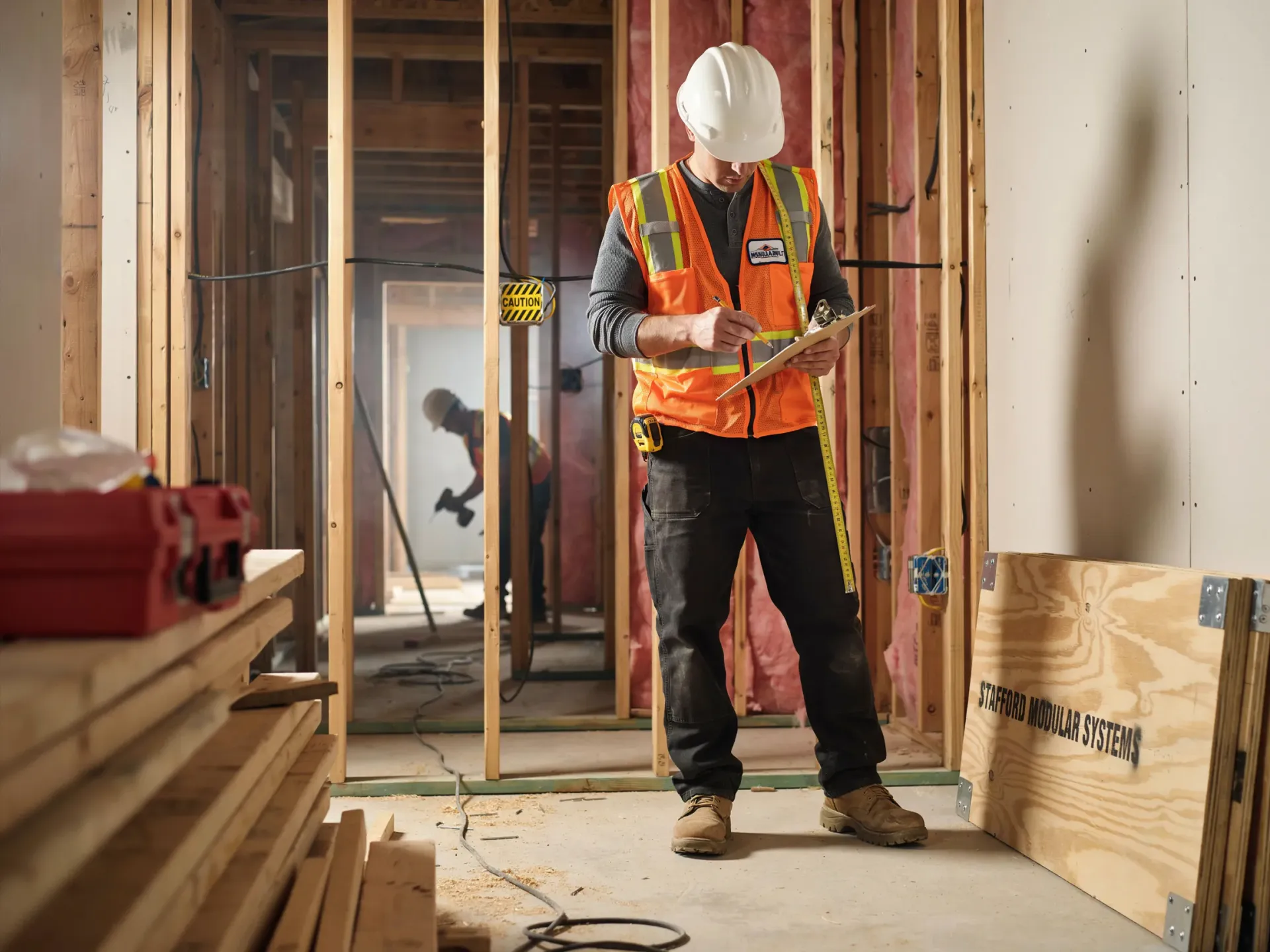 Construction worker in orange safety vest standing in a partially framed room under renovation