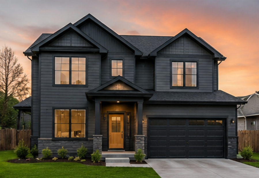 Modern dark-gray two-story house with lit windows, black garage door, and a sunset sky