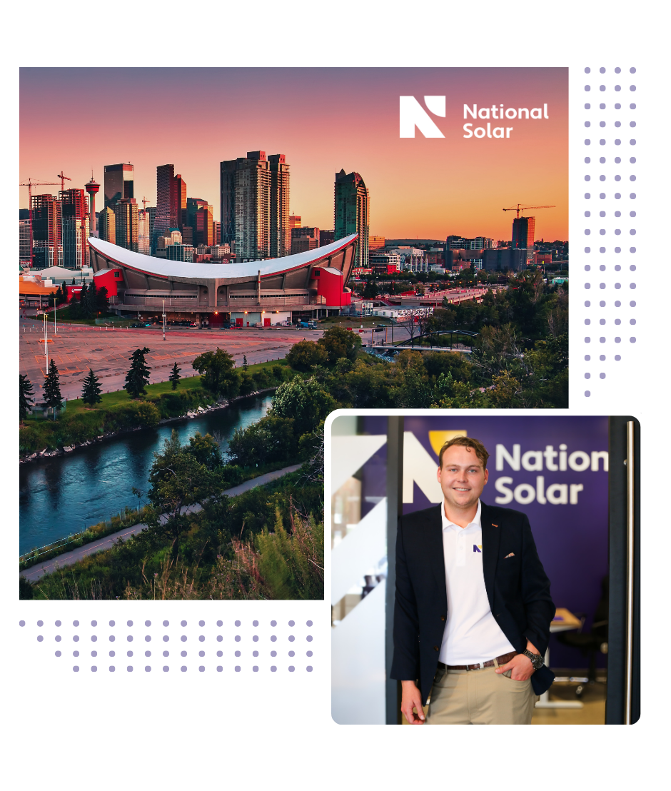 A man is standing in front of a national solar sign