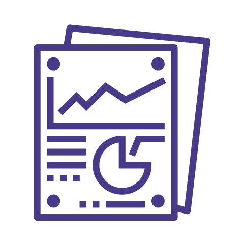 A purple icon of a graph and pie chart on a piece of paper.