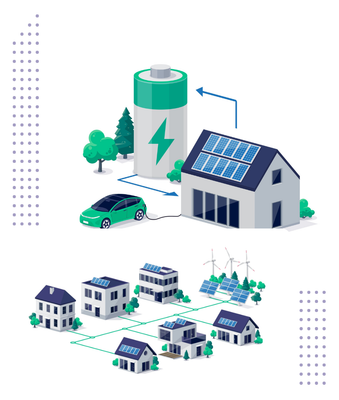 An illustration of a car being charged by a battery next to a house with solar panels on the roof.