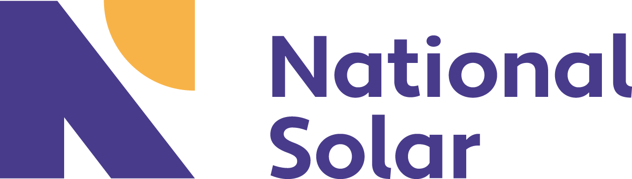 A blue and yellow logo for national solar