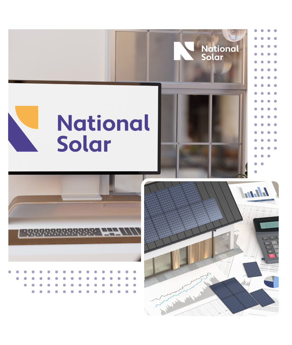 A computer monitor with the national solar logo on it