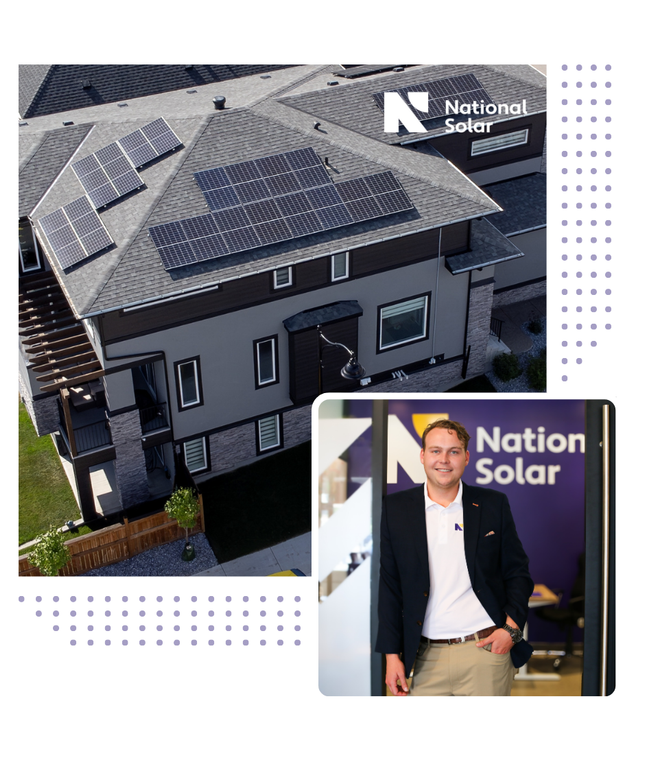 A man is standing in front of a national solar sign