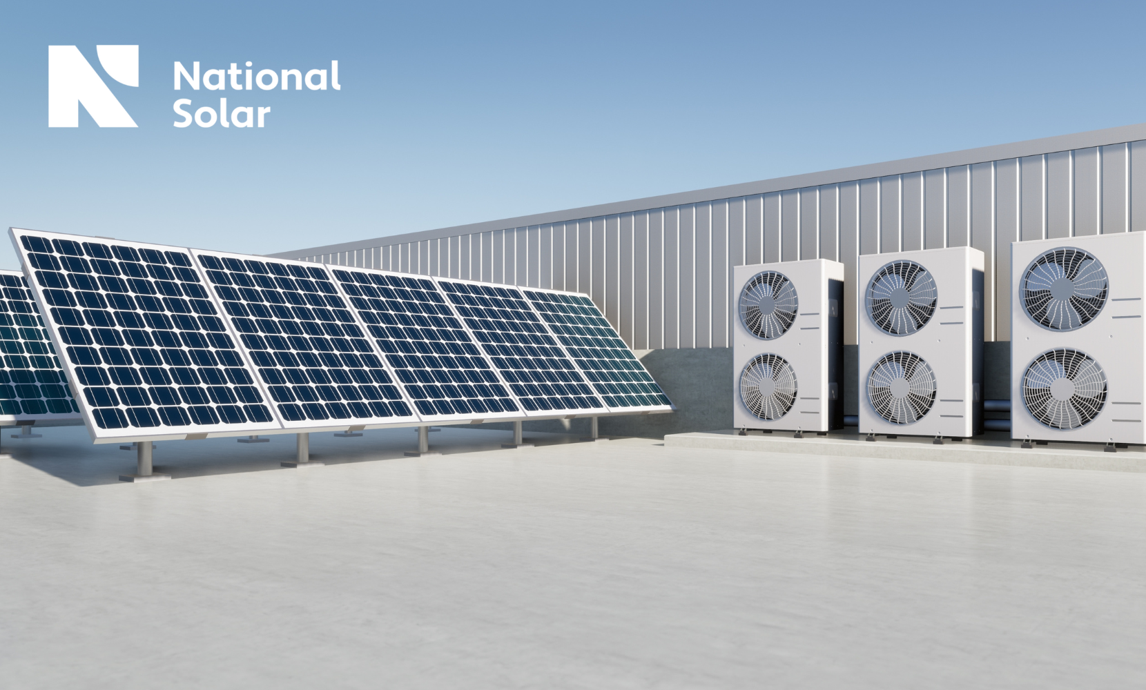 A rooftop with solar panels and air conditioners from national solar