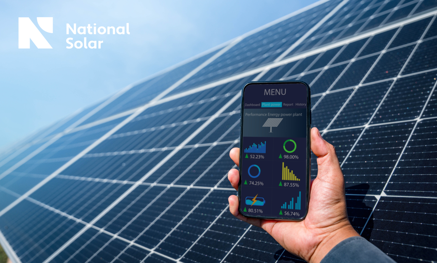 A person is holding a cell phone in front of a national solar logo