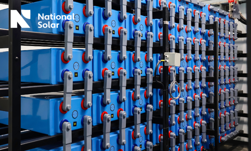 A row of national solar batteries stacked on top of each other