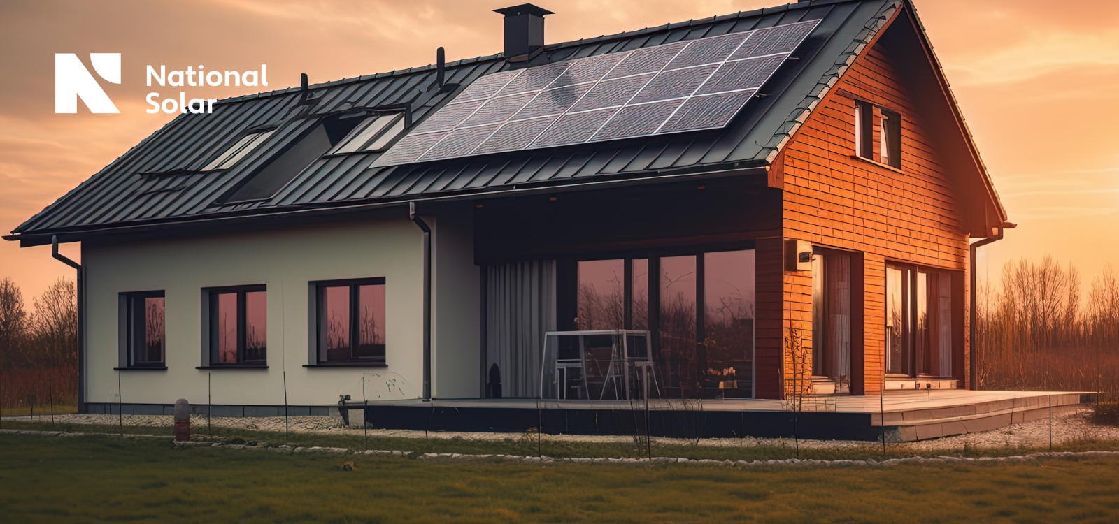 A house with solar panels on the roof is sponsored by national solar