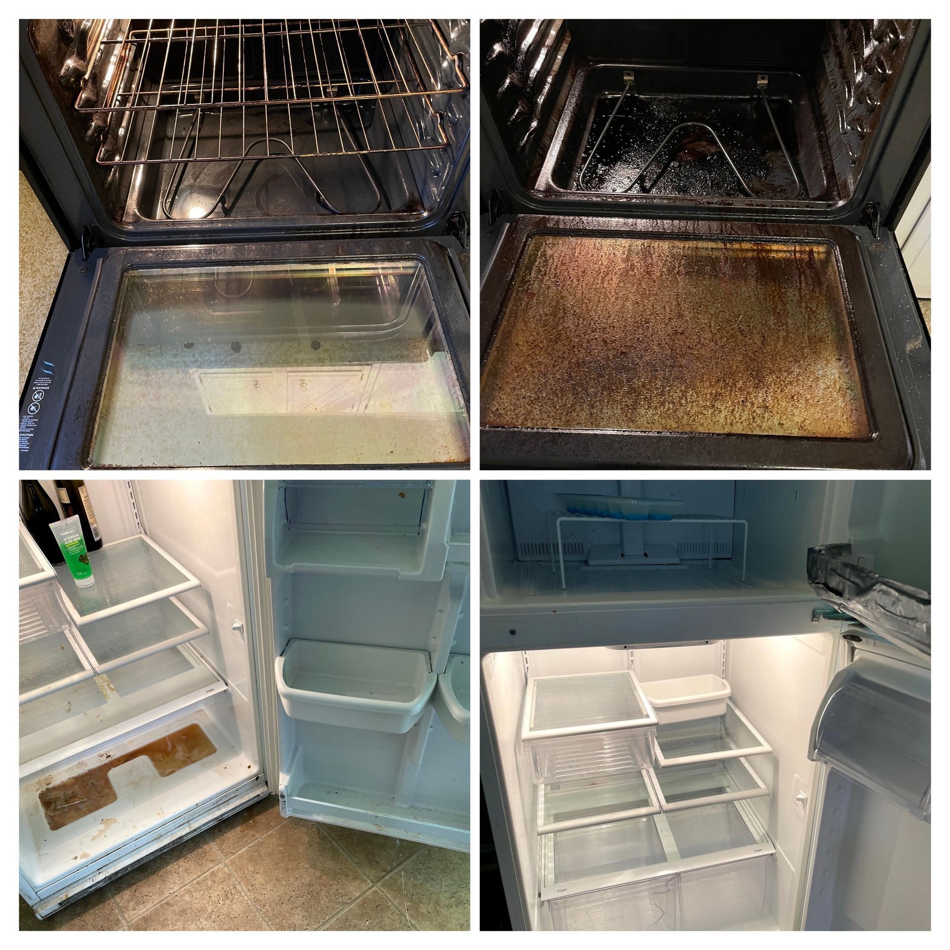 Before-and-after photos of an oven and a refrigerator showing cleaning progress from dirty to clean.
