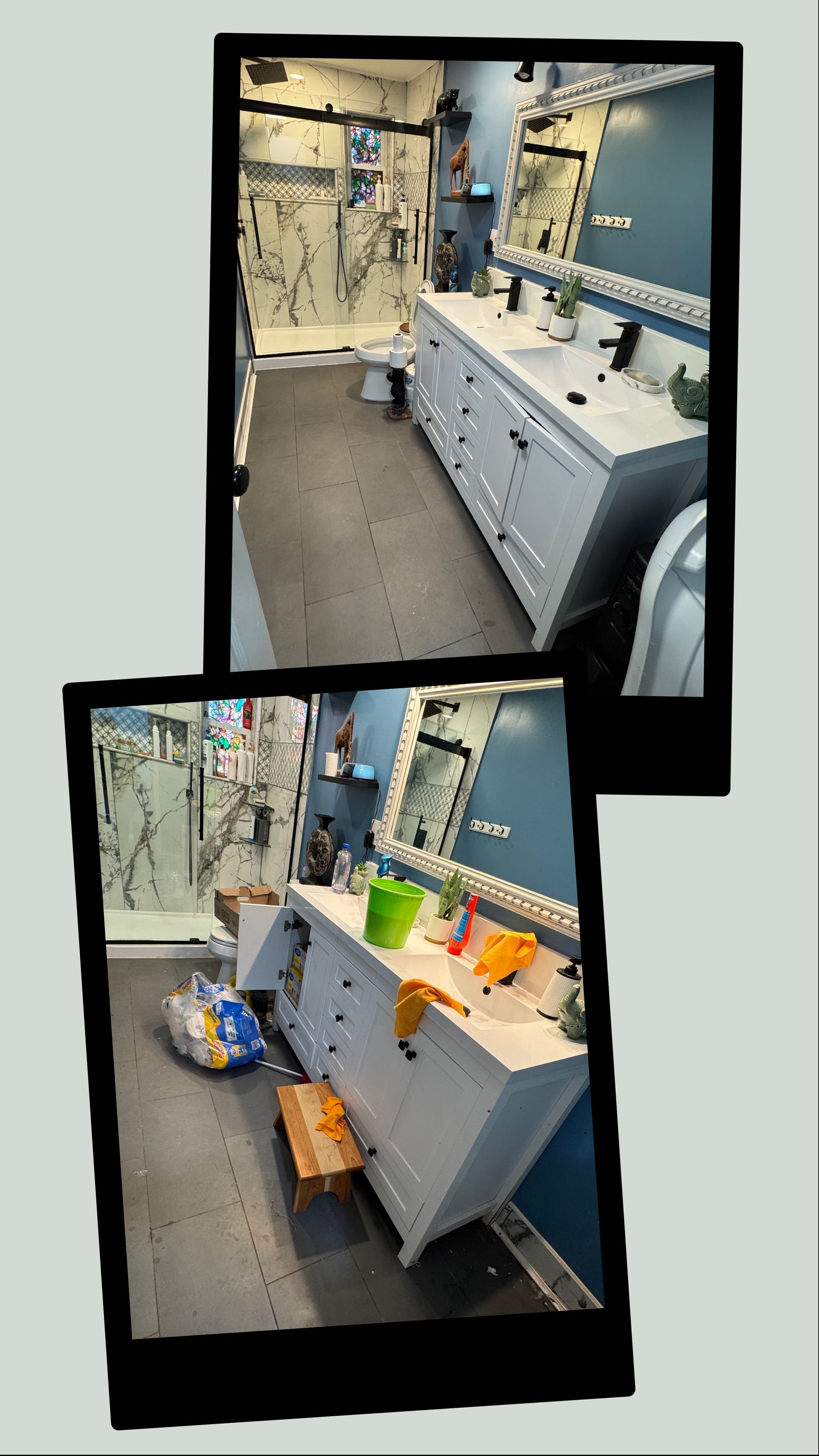 Two photos of a bathroom with a white double vanity, blue walls, a walk-in shower, and gray flooring.