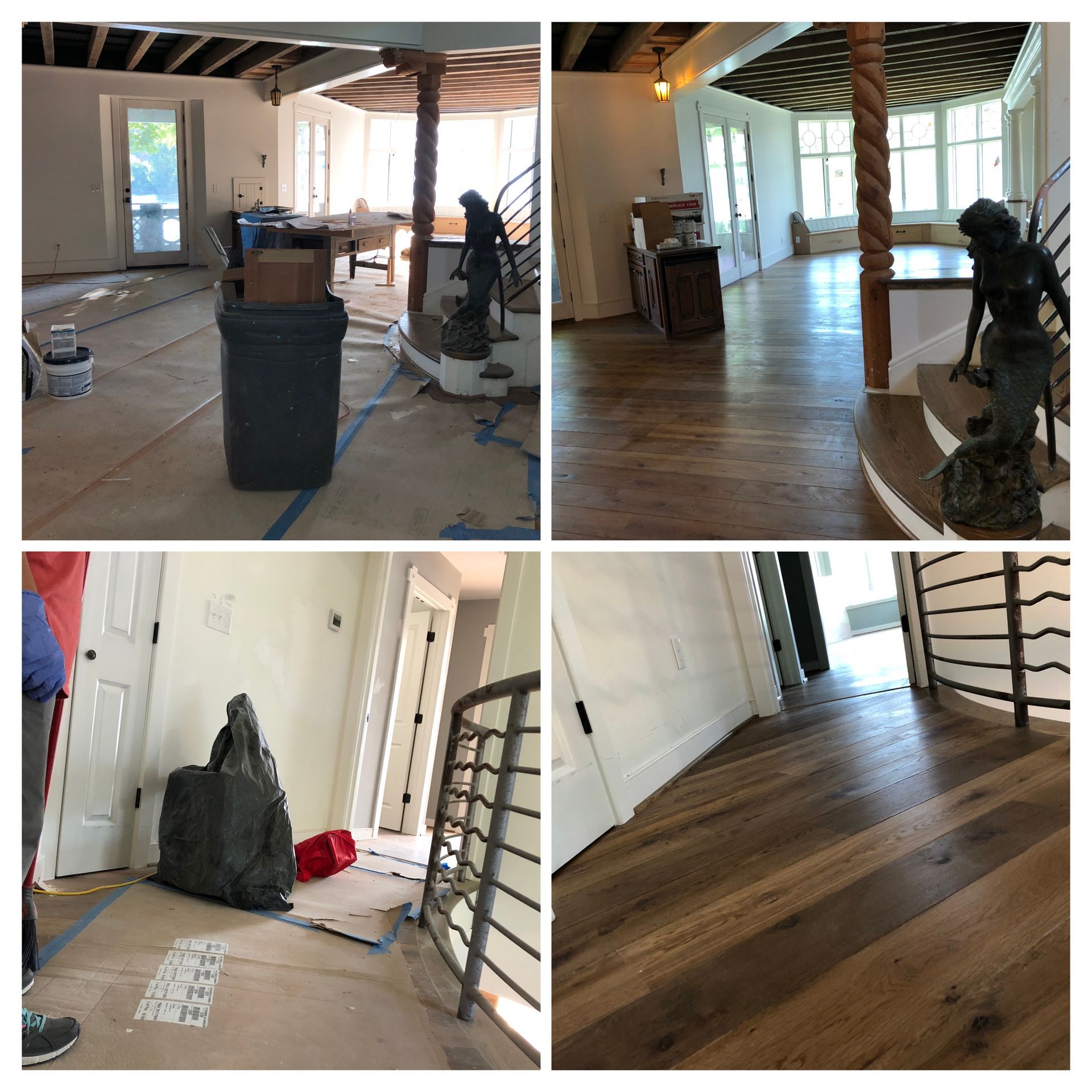 A collage of four photos shows the interior of a home undergoing renovation, contrasting unfinished work with wood floors.