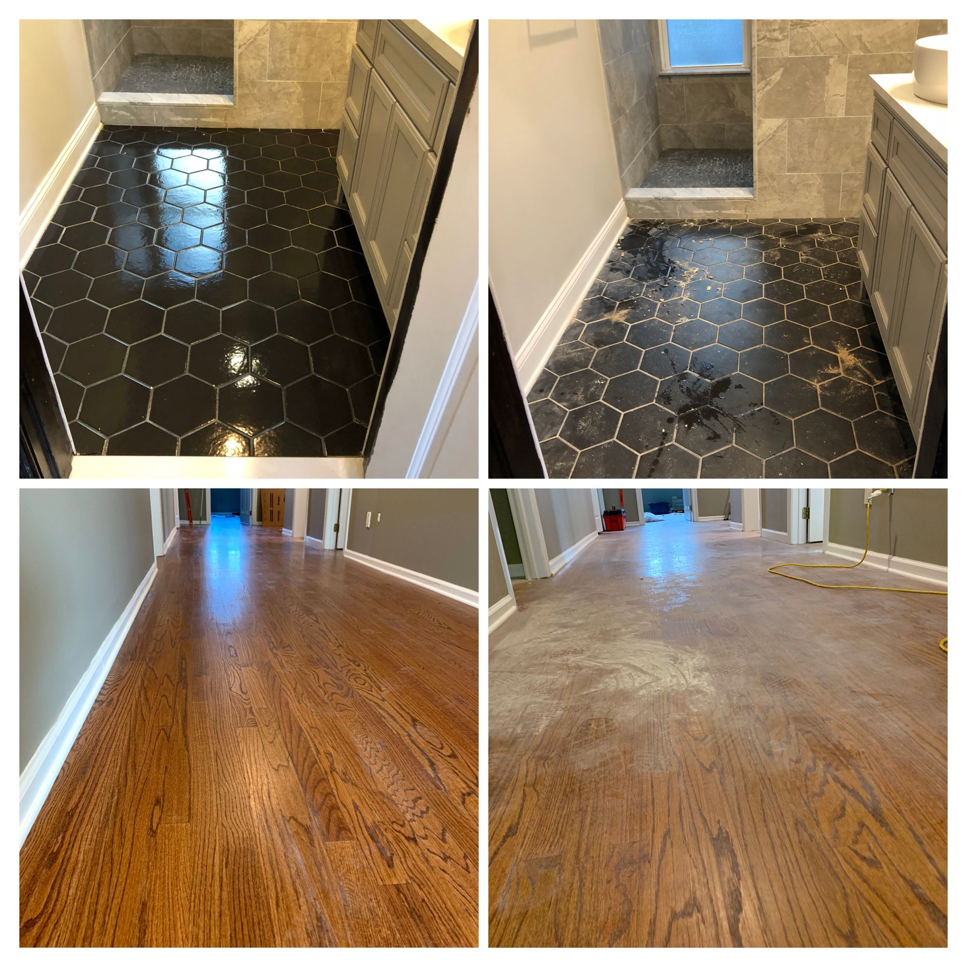 Before-and-after photos of bathroom tile and hardwood floors showing cleaning or restoration results.