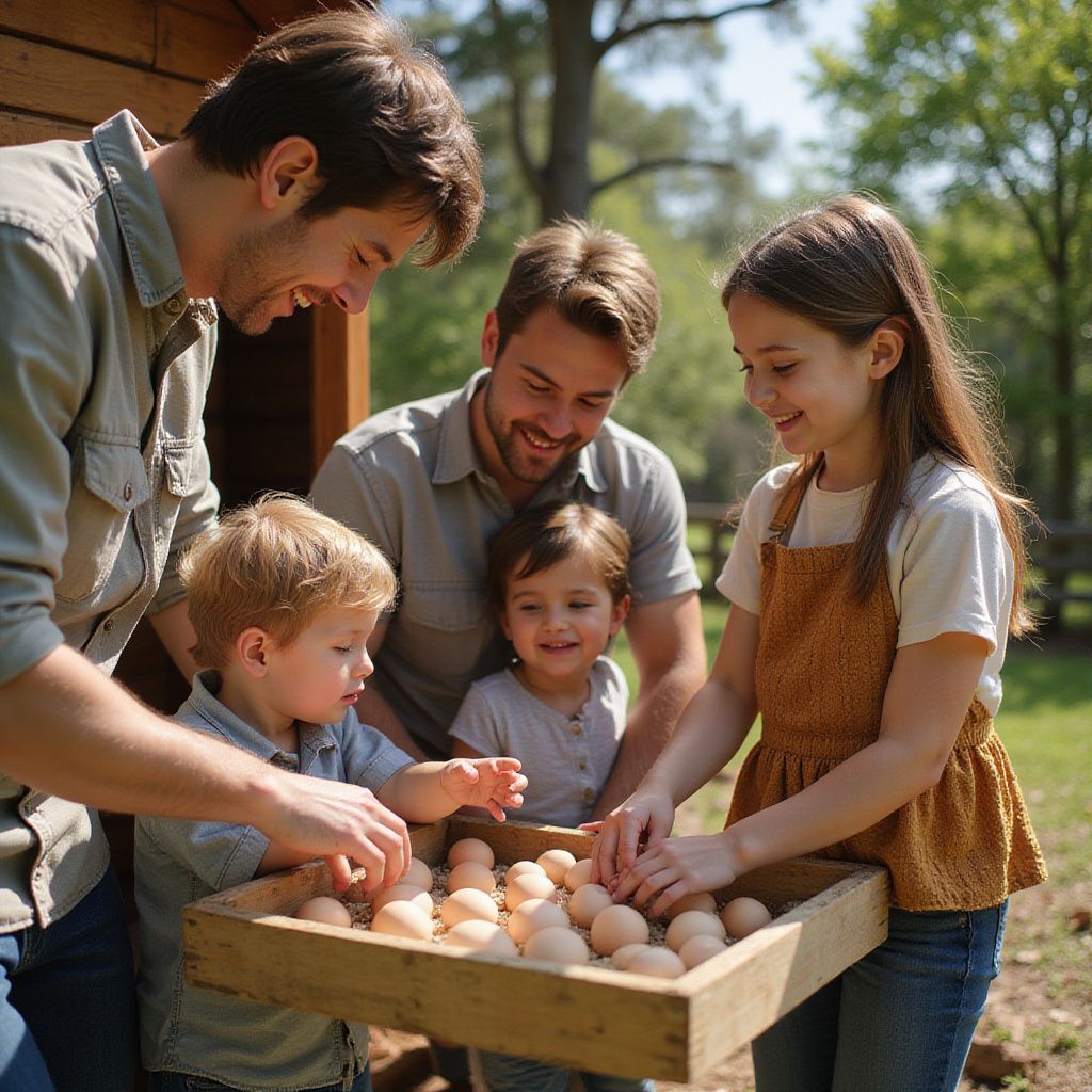 Family collecting eggs from a wooden crate at a chicken coop, smiling. Outdoors, sunny day.