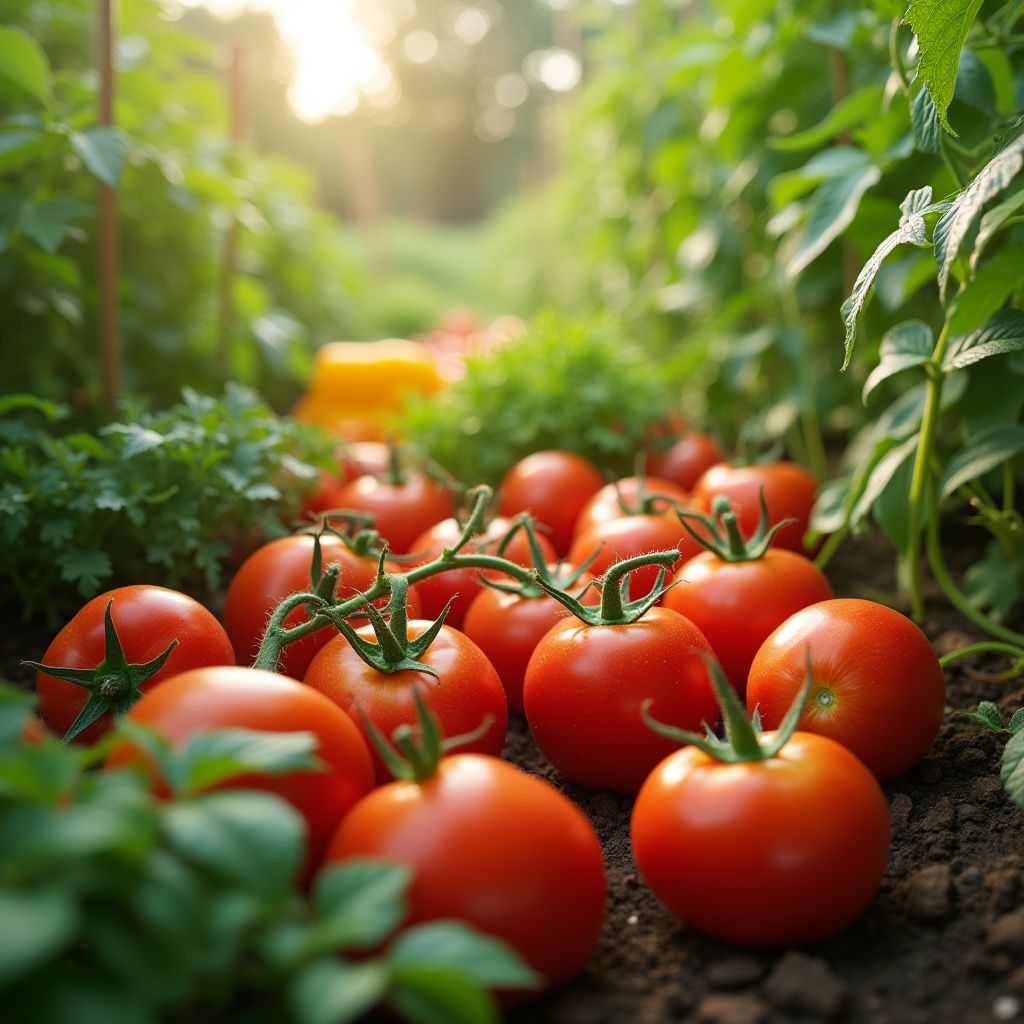 Ripe red tomatoes on the ground in a garden, sunlight streaming through greenery.