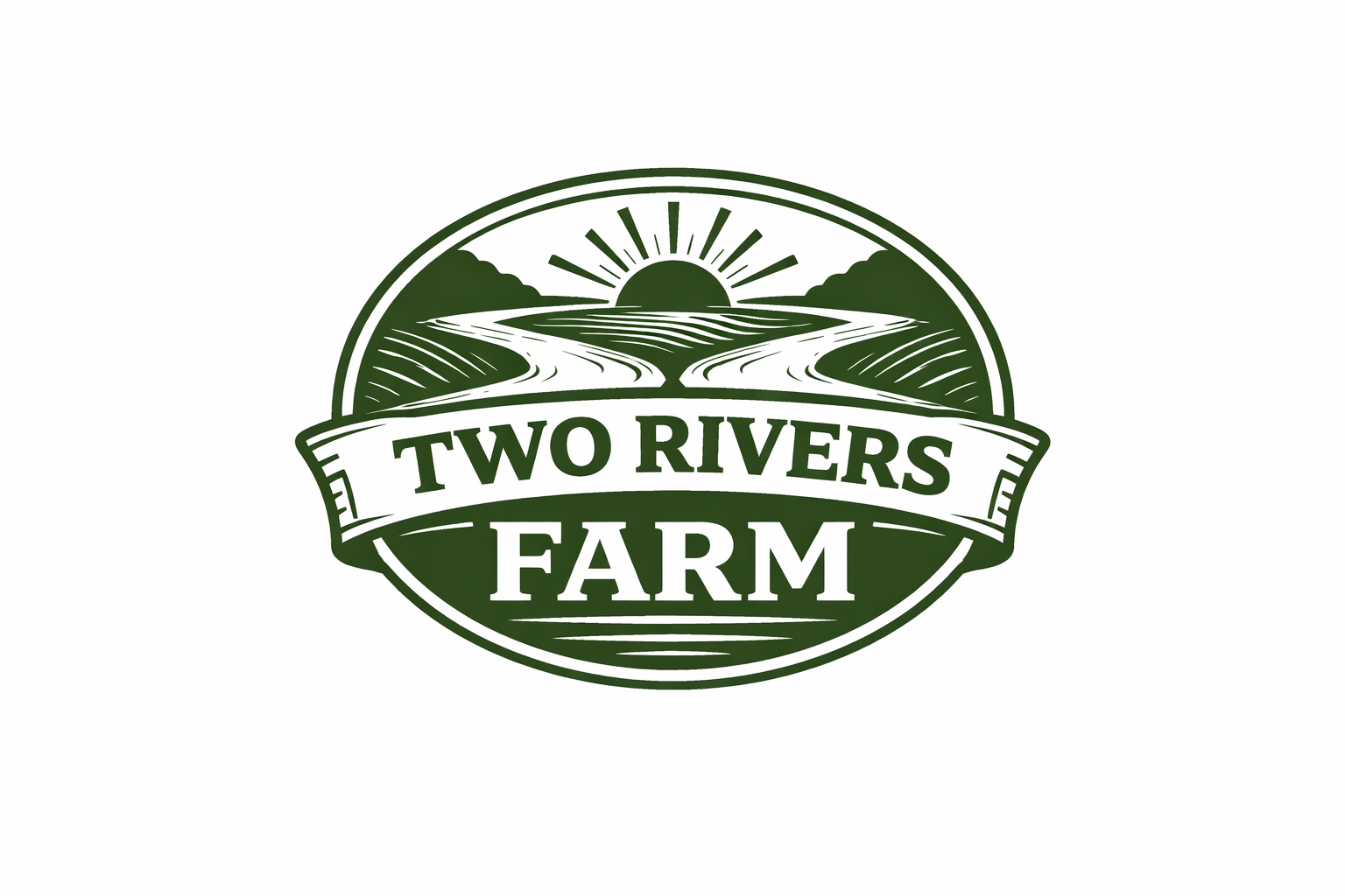 Green logo: oval with sun rising over two rivers winding through a farm field. Text reads 