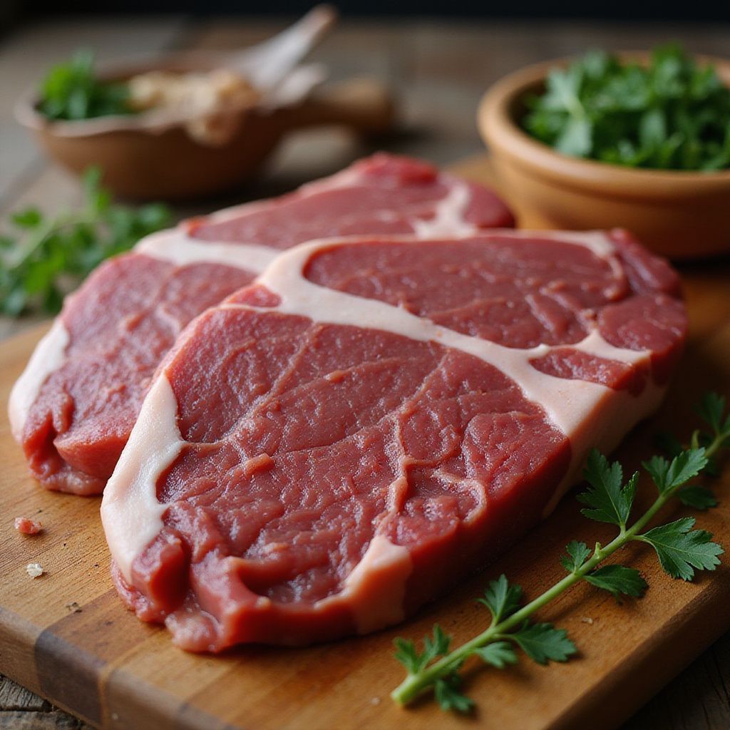Three raw beef steaks on a wooden cutting board, with herbs and other ingredients in the background.
