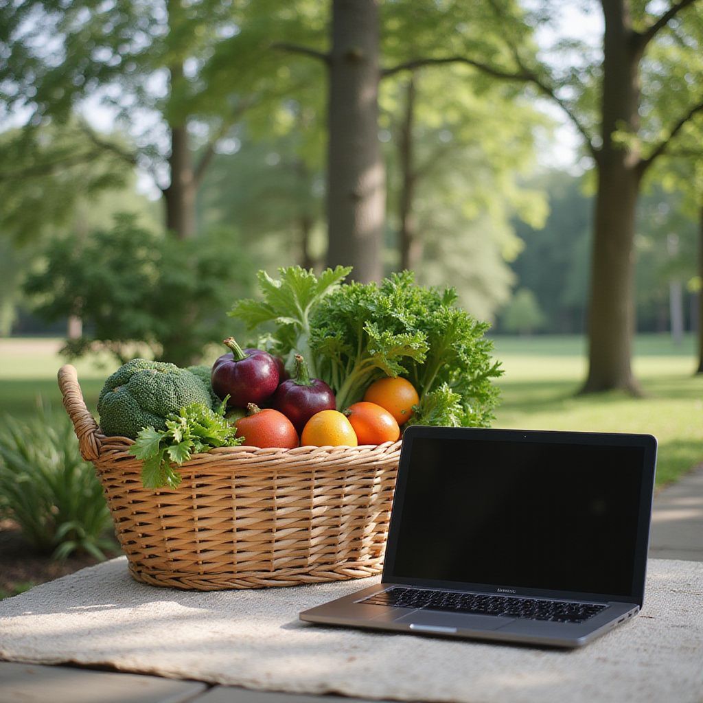 Basket of fresh produce next to an open laptop outdoors on a sunny day.