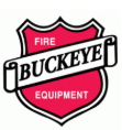 The logo for buckeye fire equipment is a red shield with a white ribbon.