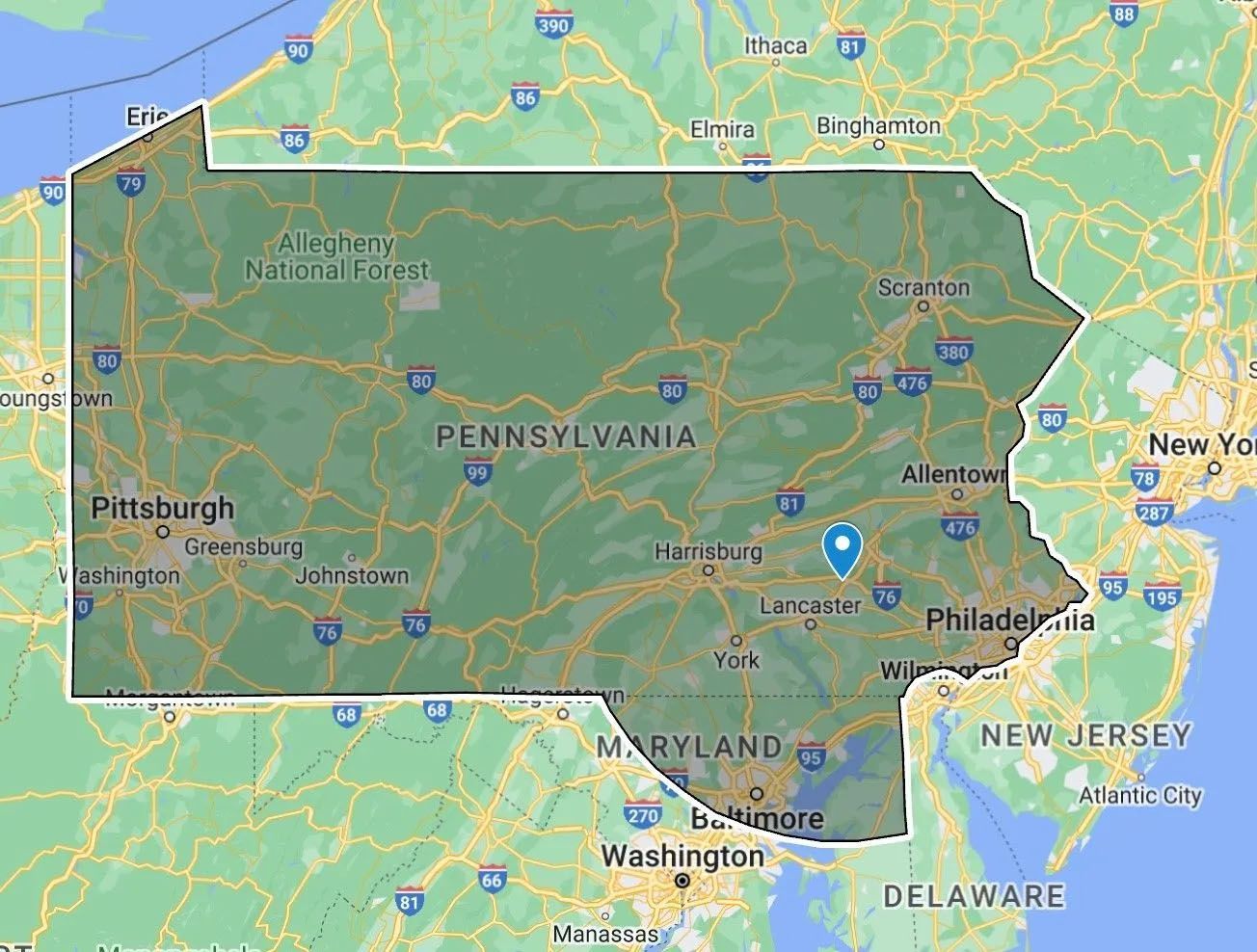 A map of pennsylvania is shown on a google map.