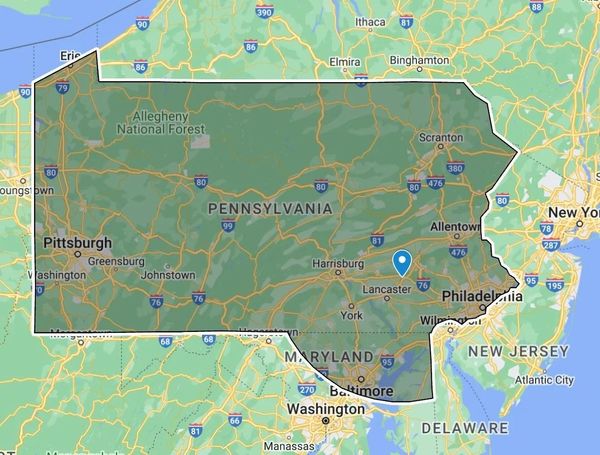 A map of pennsylvania is shown on a google map.