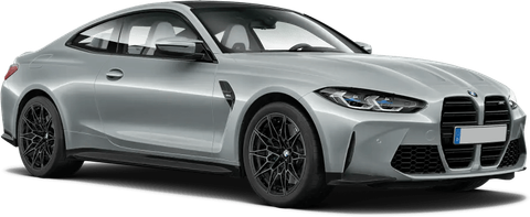 A silver bmw m4 coupe is shown on a white background.