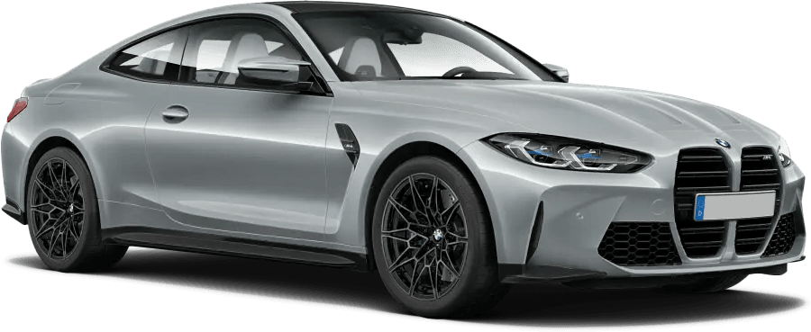 A silver bmw m4 coupe is shown on a white background.