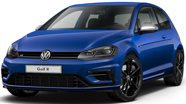 A blue volkswagen golf r is shown on a white background.