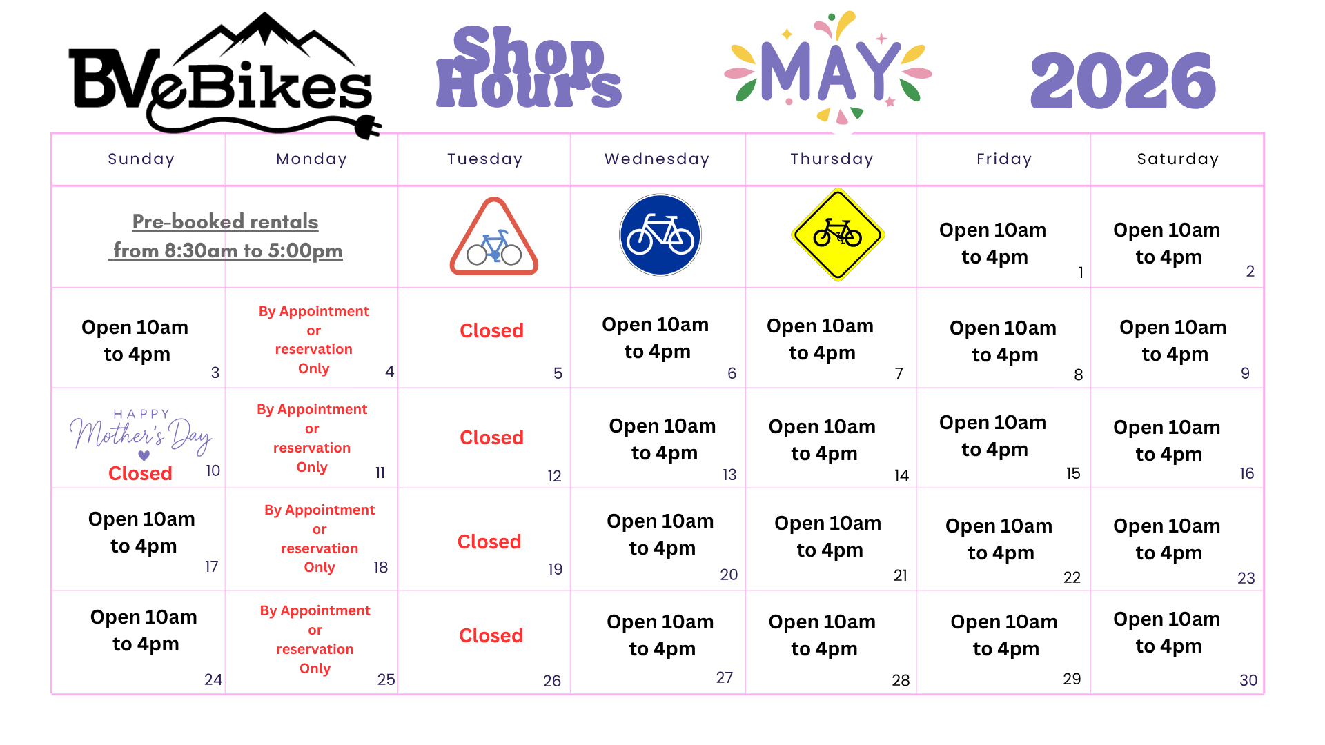 A calendar for the month of may with a bicycle on it.